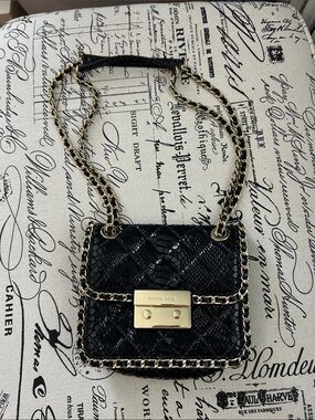 Michael Kors Black Snake-Embossed Mini Chain Shoulder Bag with Gold Hardware